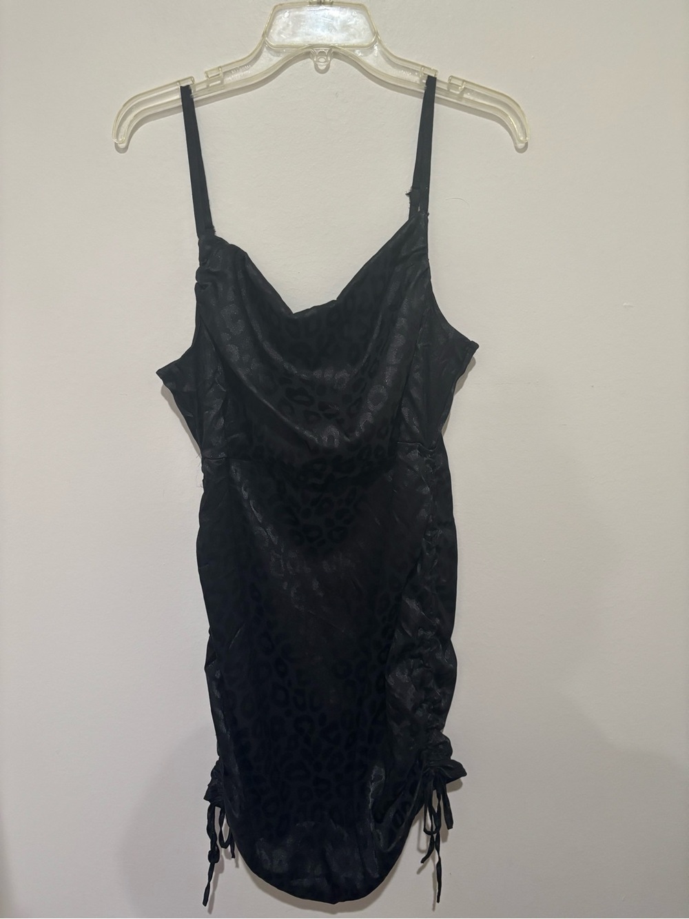 Black Satin Leopard-Print Cowl Neck Slip Dress
